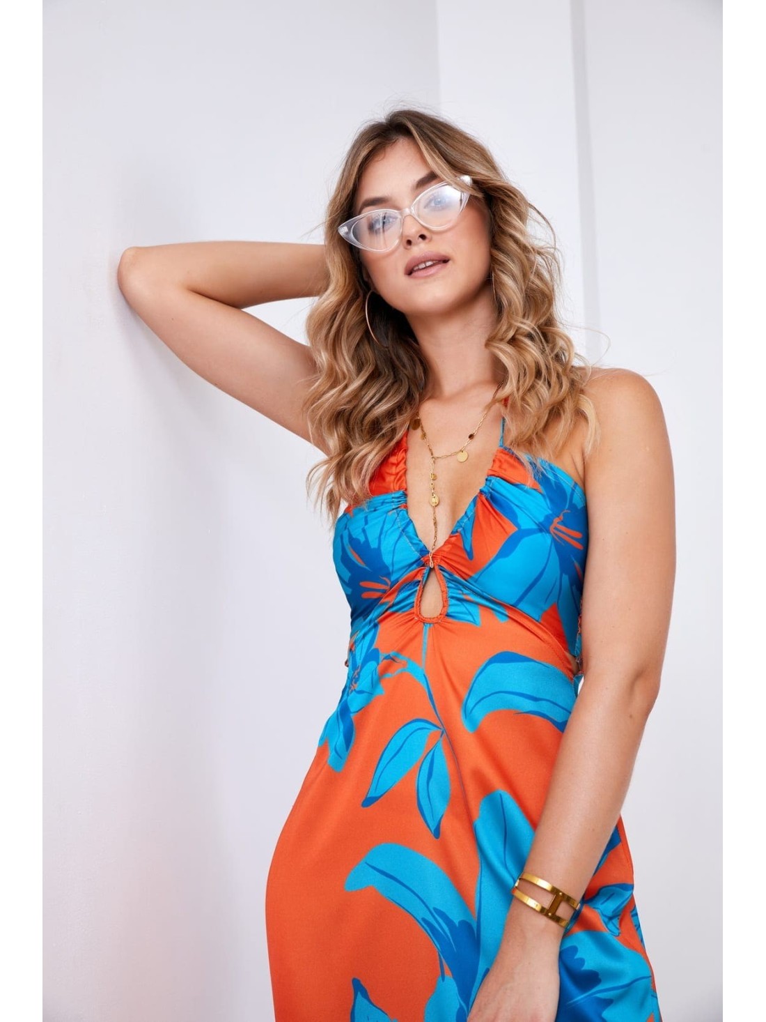 Maxi dress with cutouts and tied neckline, orange 110620 - Online store - Boutique